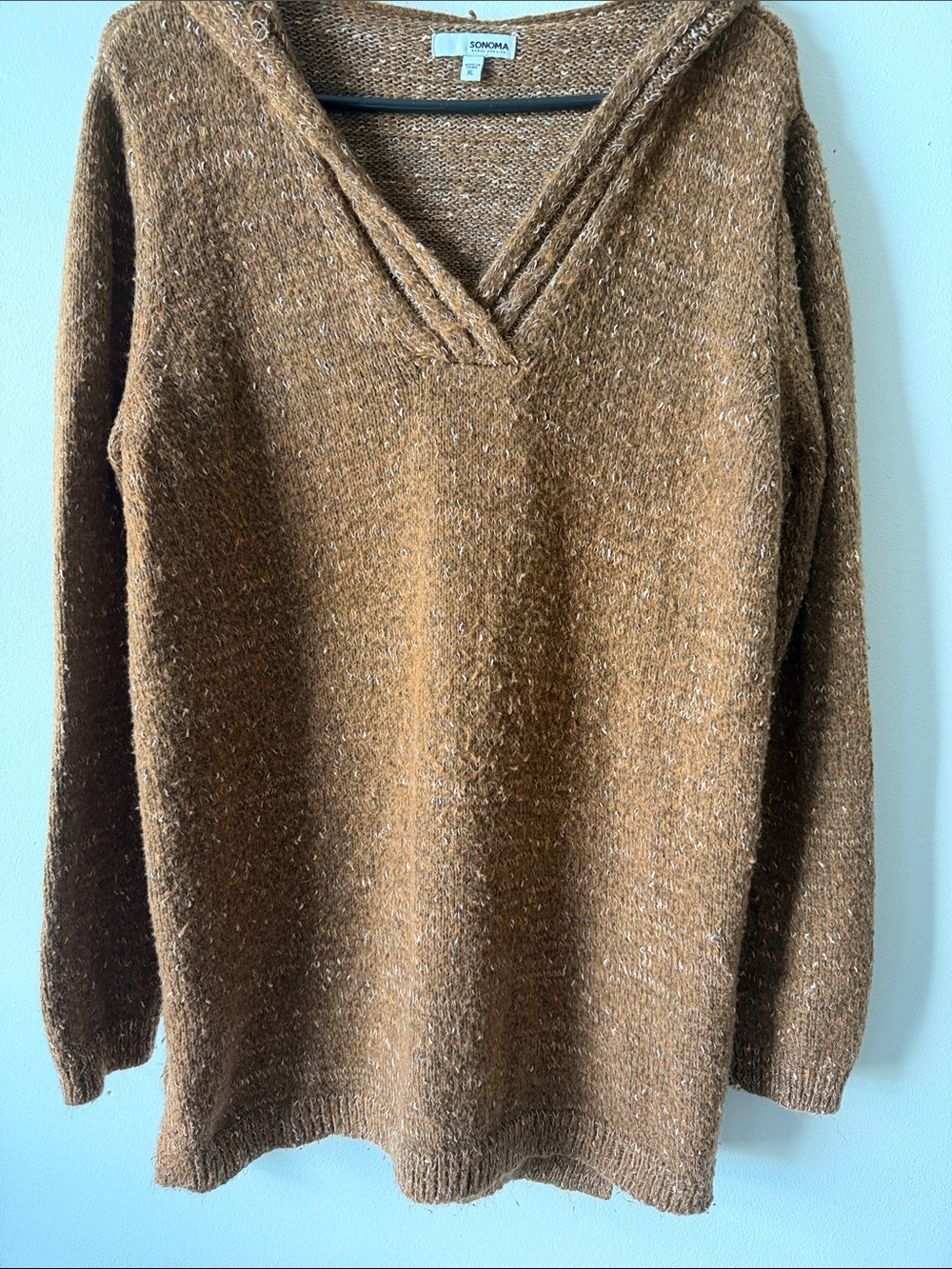 Sonoma V-Neck Speckled Tan-Brown Knit Sweater